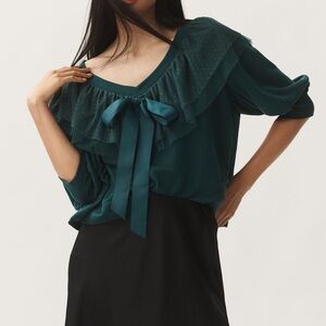 Anthropologie Dark Green Blouse with Navy Bow